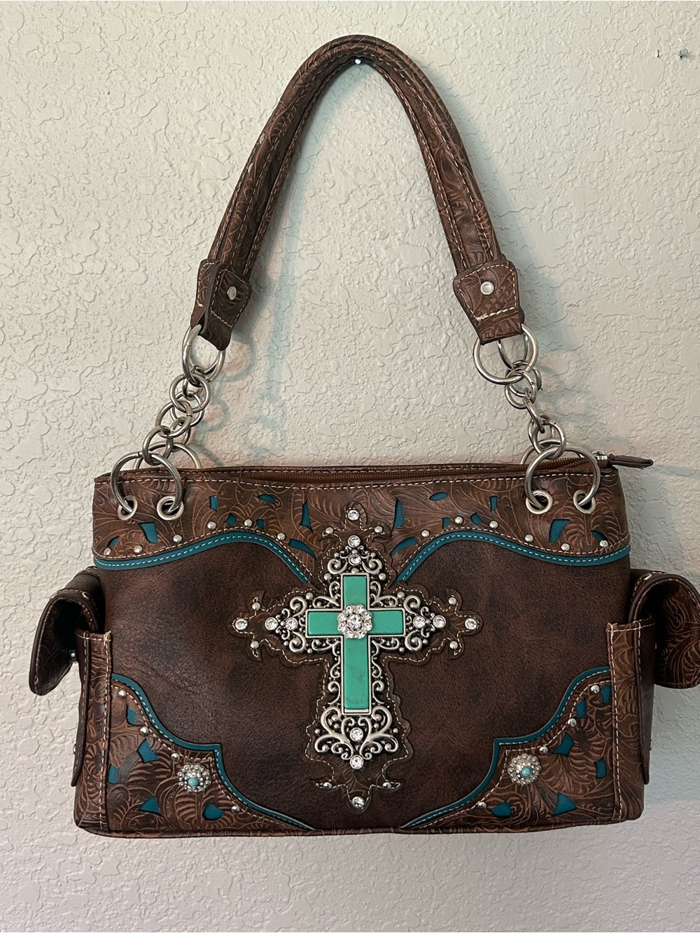 Brown and Turquoise Western Cross Satchel - Women Bags Conceal Carry